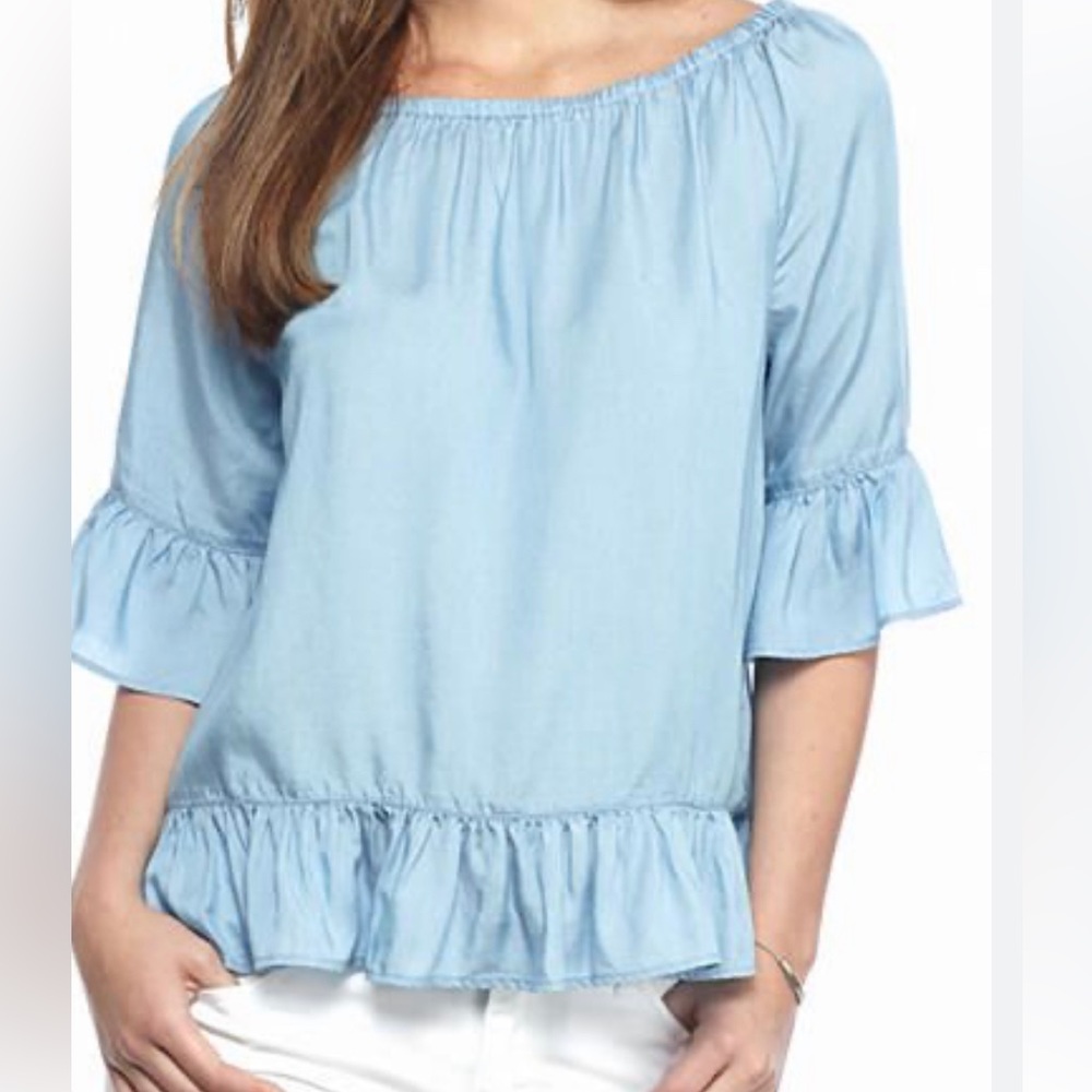 crown & ivy Light Blue Ruffle Hem Peasant Top